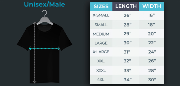 LEDShirt-SizeChart-Unisex Unisex LED Shirt Size Chart Diagram with Measurements Per Size