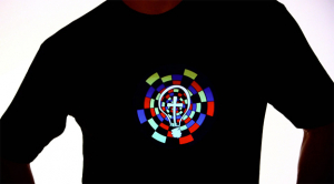 Guy wearing LED Shirt design with cross inside light up bulb and equalizer around it