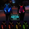 2 People wearing light up backpacks in the dark. The strings light up with LED fiber optic technology