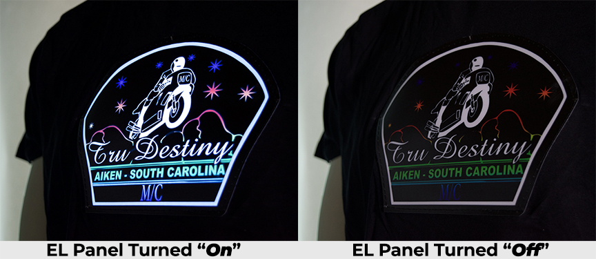 ELPanelOnOffSidebySide-2 EL Panel on the t-shirt turned on and off