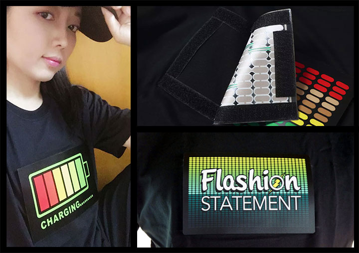 VelcroPanelShirt Girl wearing baseball hat and Equalizer LED shirt design attached with velcro, next to picture of the velcro EL panel attached to light up shirt