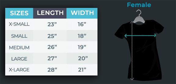 Female LED Shirt Size Chart Diagram with Measurements Per Size