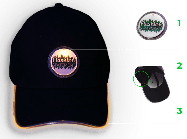 Custom LED Hat Diagram depicting how the logo lights up through a hidden battery pack