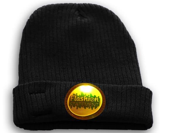 Yellow Black Beanie with LED Silicone Patch Lighting Up