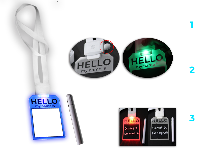 Diagram of how LED Name tag badge works with battery pack and paint marker included