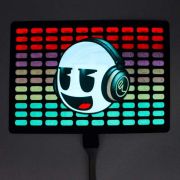 DJ icon wearing headphones with equalizer background lit up fully on el panel