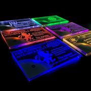 6 different LED business card designs all lighting up a different solid LED color