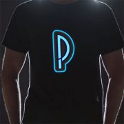 Custom P logo lighting up brightly on black t-shirt