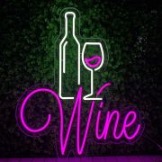 Wine bar restaurant neon sign bright lighting nighttime