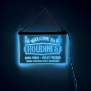 Custom illuminated hanging acrylic welcome sign for Houdini Bar