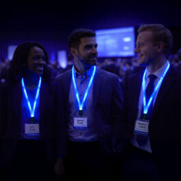 Three professionals at a conference wearing blue LED light-up lanyards while smiling and interacting in a dimly lit event setting