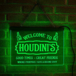 Green illuminated acrylic hanging LED bar sign with engraved design