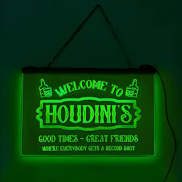 A personalized acrylic hanging light up sign for a bar