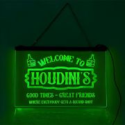 A personalized acrylic hanging light up sign for a bar