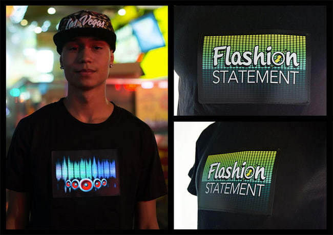 Image of a sewn on 'EL' light up panel on a t-shirt