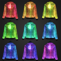 Nine fiber optic hoodie colors lined up in 3 rows of 3 in a rainbow color display red, orange, yellow, light green, dark green, light blue, dark blue, purple and pink