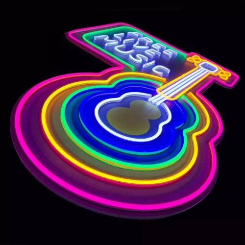 Rainbow Guitar neon sign free live music glowing bright pink yellow green blue and white