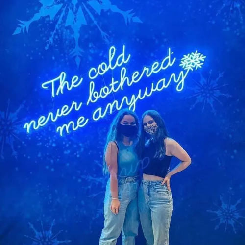 Two young girls in masks posed in front of led neon sign from Frozen reading the cold never bothered me anyway with snowflake also lighting up