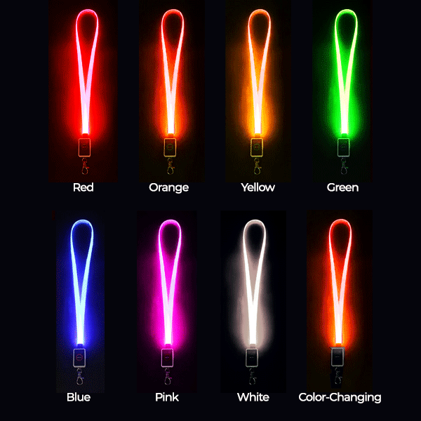 LED-Lanyard-Color-Options red, orange, yellow, green, blue, white, pink, color changing led colors on flashing lanyards