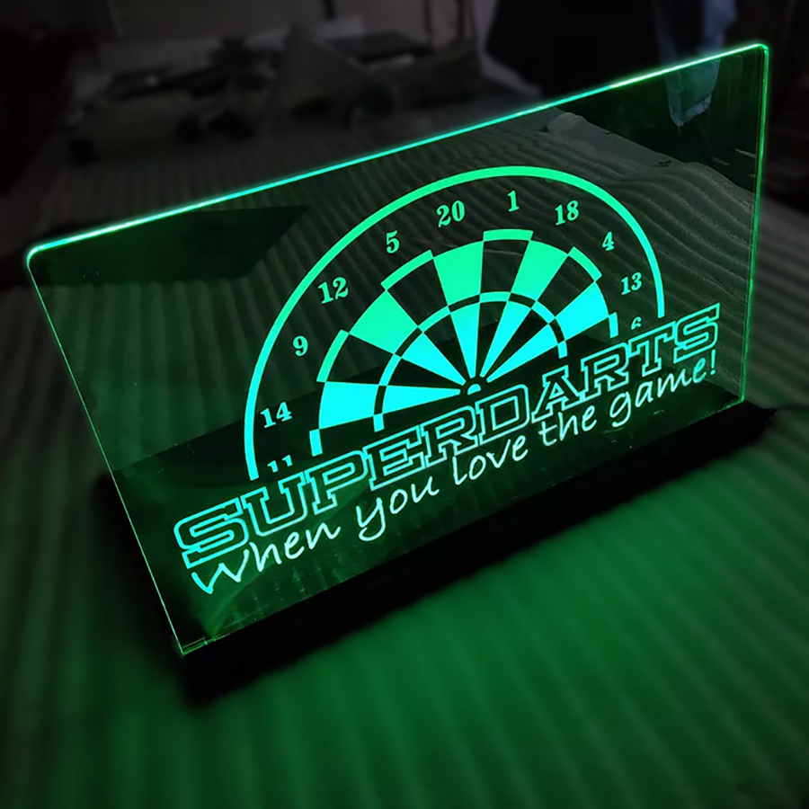 Superdarts logo with hand fart board illuminating on customized led acrylic sign bright green in dark room