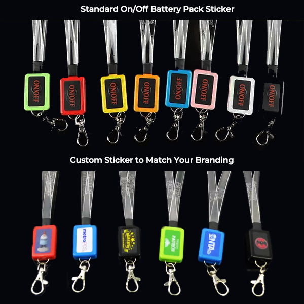 led-lanyard-sticker-options Diagram showing sticker options for custom LED lanyards, top half showing stand on off sticker and bottom half showing custom sticker with metro PCS, Bacardi, and other brand custom logo print