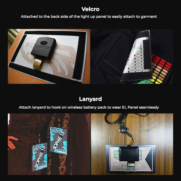 Diagram showing additional options available to make custom EL panel including Velcro attached or a lanyard attached