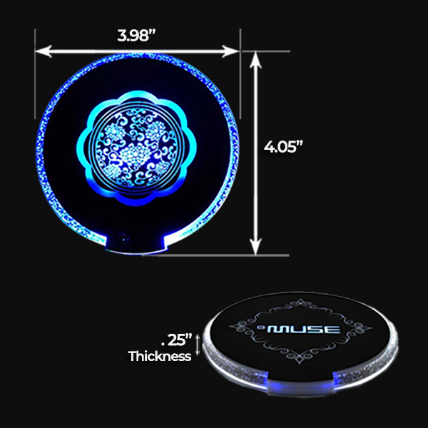 Diagram showing custom LED coaster size dimensions at about 4 inches x 4 inches in size and a 1/4 inch tall