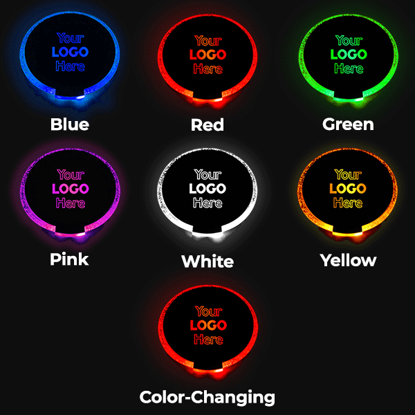 custom-logo-led-coasters-color-options Diagram showing all seven LED coaster color options in blue, red, green, pink, white, yellow and color changing LEDs to light up your custom logo design