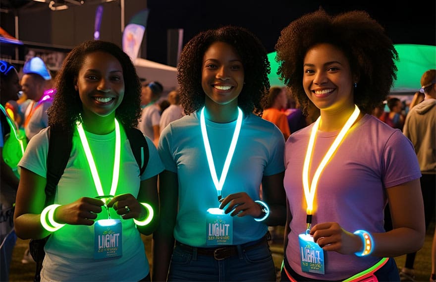 3 women wearing glow necklaces, light-up lanyards, and LED bracelets at a vibrant event