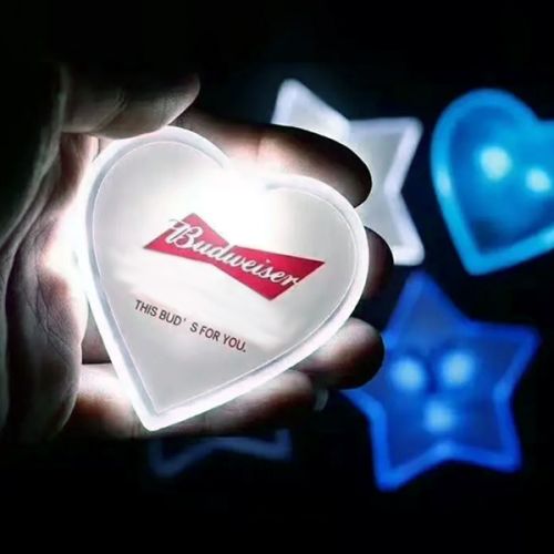 Budweiser logo imprinted on custom LED pins lighting up bright white and blue
