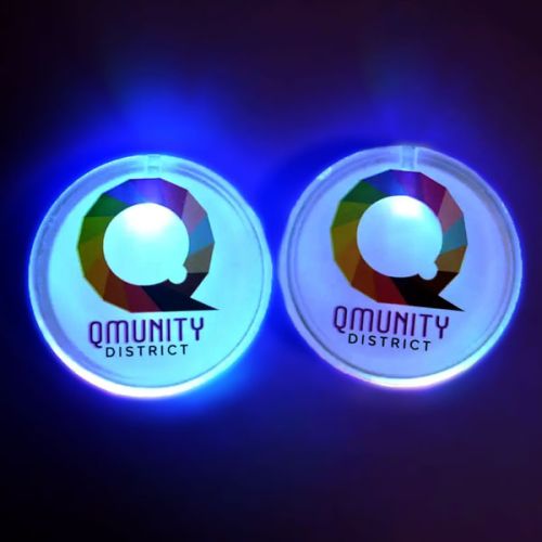Q Munity logo with rainbow Q printed one custom LED pins