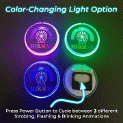 Three color changing LED pin designs flashing different colors showing how back power button changes light modes