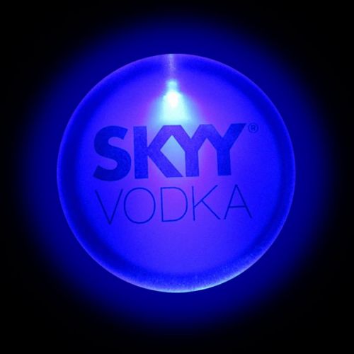 Sky Vodka branded LED pin lighting up bright blue