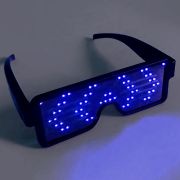 Pair of animated LED sunglasses lighting up with blue LEDs in an arrow pattern