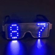 LED sunglasses with the number 8 and 7 lighting up on each side of the Len bright neon blue