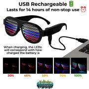 USB rechargeable LED sunglasses diagram to show charging time and how LED display coincides with how charged they are