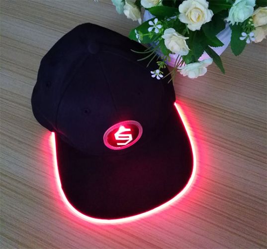 glowing red led hat with brim illuminating logo