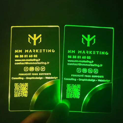 Two bright glowing yellow and green LED Business Cards with Vertical placement