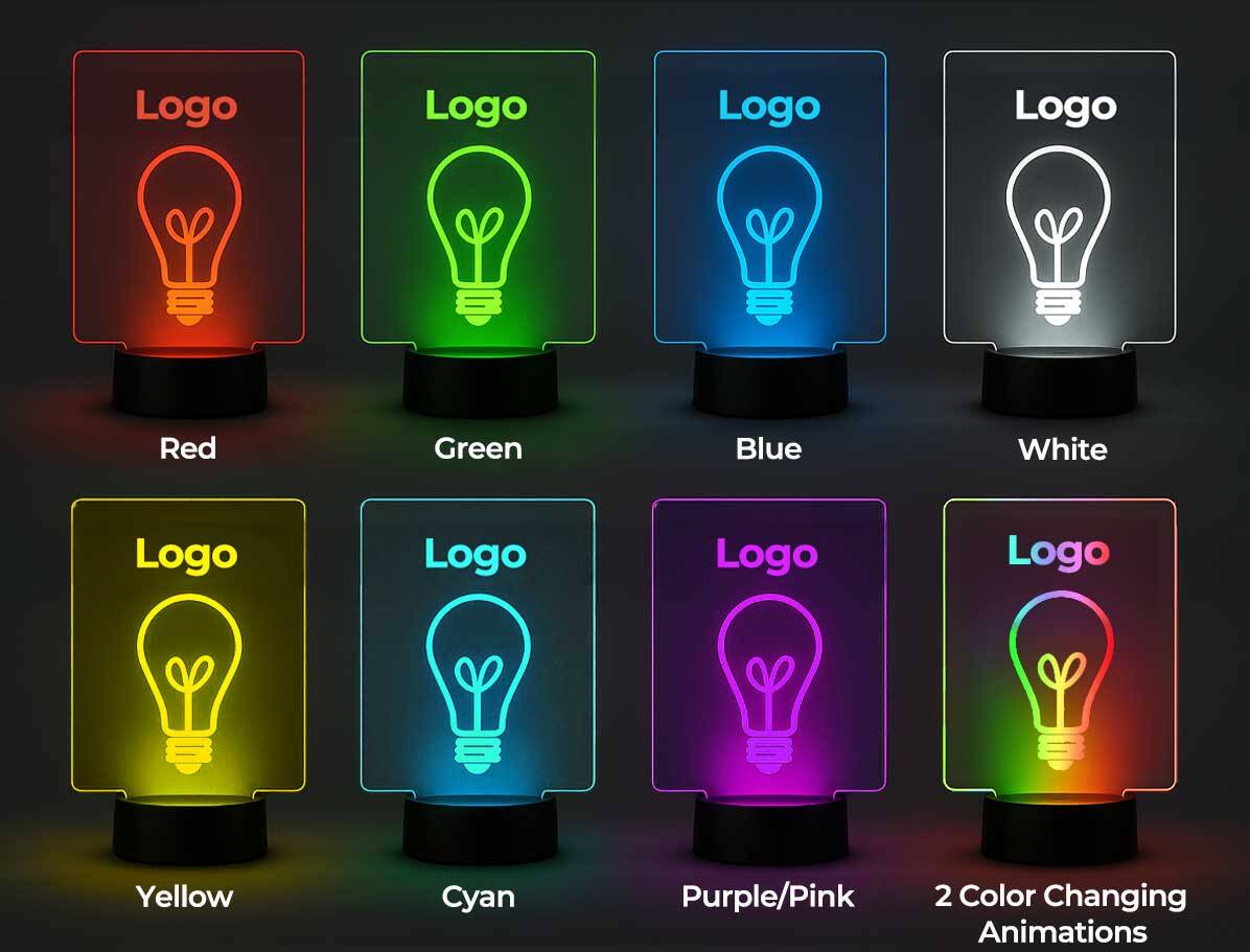 Engraved acrylic LED table sign showing all 7 LED color options including red, green, blue, white, yellow, cyan, purple, and color-changing modes