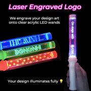 Laser engraved logo onto clear acrylic LED wands showing four different logo designs each lighting up a different color