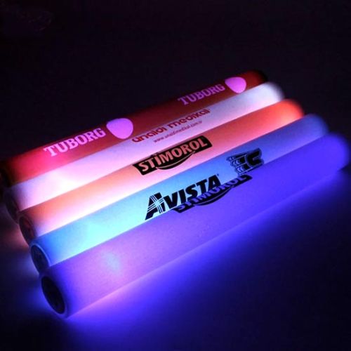 row of various light up foam sticks with shrink wrap logos