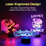 Laser engraved logos on 3 different clear acrylic led signs