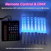 8 LED Wands with custom radio station logo next to wireless remote control with DMX connectivity