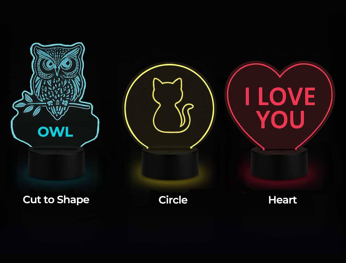 Examples of engraved LED table signs in cut-to-shape, circle, and heart acrylic designs