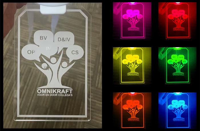 Acrylic-Engraved-ID-Badge-LED-Logo-Customized Close up of laser engraved design on clear acrylic ID badge next to 8 images of it fully lit up different neon colors