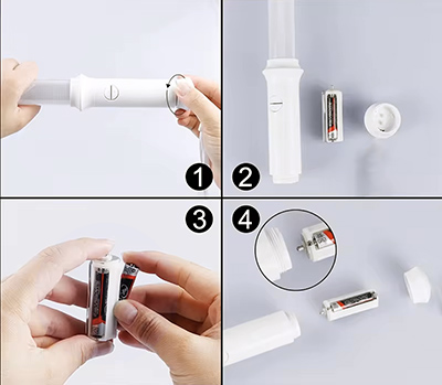 4 step diagram showing how to change AAA batteries in LED wands