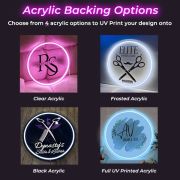 4 acrylic backing options for neon outline sign: clear, frosted, black, or uv printed