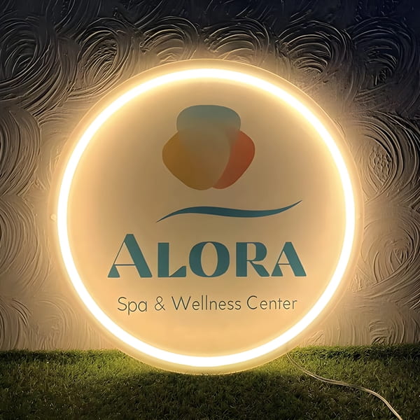 Spa Center custom logo UV printed onto neon acrylic sign