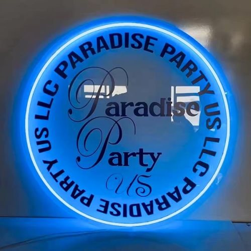 Paradise Party event company LED neon sign glowing blue