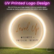 Neon sign with Level Up logo UV printed onto acrylic for wellness and physical therapy business